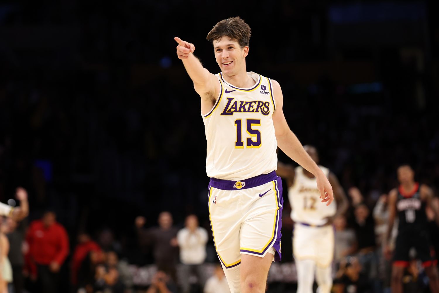 Los Angeles Lakers guard Austin Reaves celebrates after a made shot.
